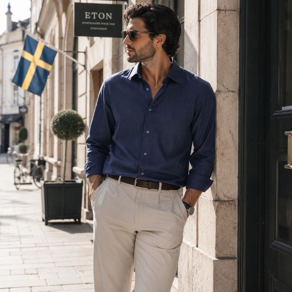ETON Contemporary Sweden Mens Shirt 17.5 XL Navy Herringbone Cotton Romania EU44